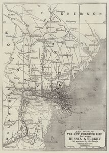 Kaart met de nieuwe grenslijn tussen Rusland en Turkije zoals vastgesteld door het verdrag, 30 maart 1856